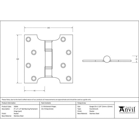 From The Anvil Hinges Pewter Patina / Parliament Hinges / 4" x (102mm) From The Anvil - Pewter 4" x 2" x 4" Parliament Hinge (pair) ss