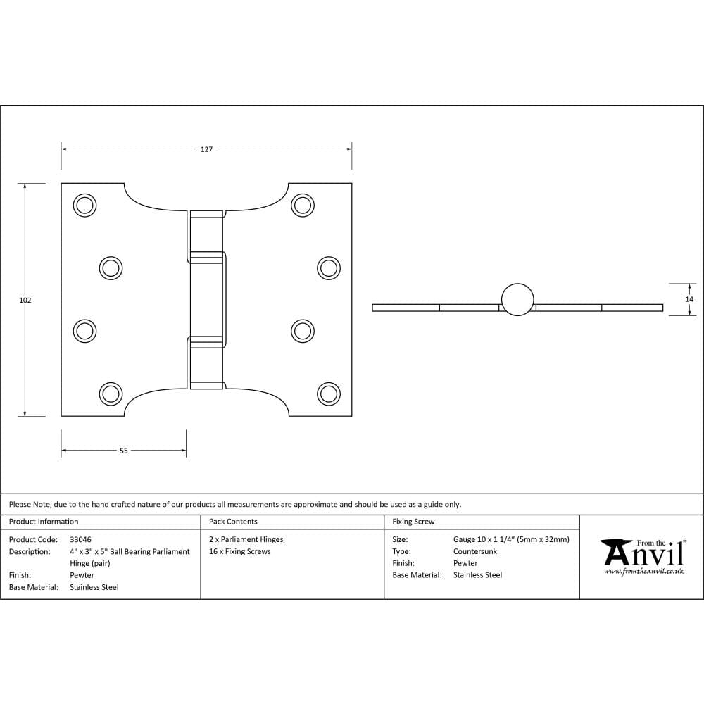 From The Anvil Hinges Pewter Patina / Parliament Hinges / 4" x (102mm) From The Anvil - Pewter 4" x 3" x 5" Parliament Hinge (pair) ss