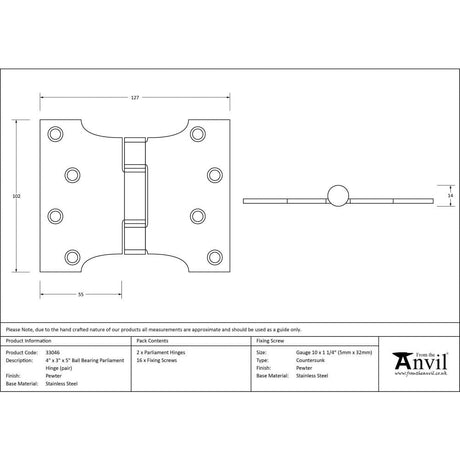 From The Anvil Hinges Pewter Patina / Parliament Hinges / 4" x (102mm) From The Anvil - Pewter 4" x 3" x 5" Parliament Hinge (pair) ss