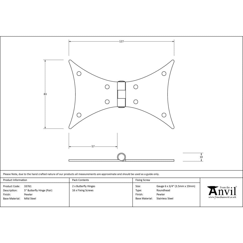 From The Anvil Hinges Pewter Patina / Butterfly Hinges / 5" (127mm) From The Anvil - Pewter 5" Butterfly Hinge (pair)