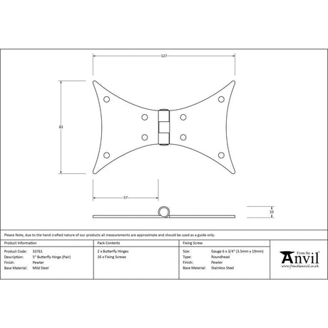 From The Anvil Hinges Pewter Patina / Butterfly Hinges / 5" (127mm) From The Anvil - Pewter 5" Butterfly Hinge (pair)