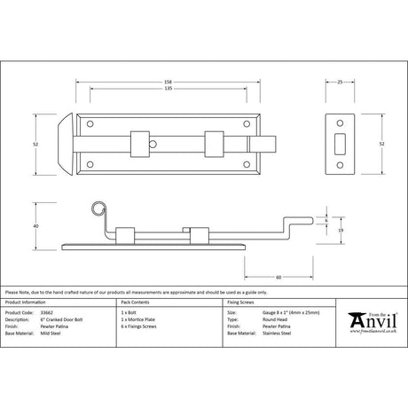 From The Anvil Accessories Pewter Patina / Cranked Surface Bolts / 150mm / 6" From The Anvil - Pewter 6" Cranked Door Bolt