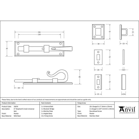 From The Anvil Accessories Pewter Patina / Straight Surface Bolts / 150mm / 6" From The Anvil - Pewter 6" Shepherd's Crook Universal Bolt