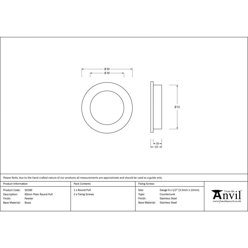 From The Anvil Door Furniture Pewter Patina / Flush Handle / Round From The Anvil - Pewter 60mm Plain Round Pull