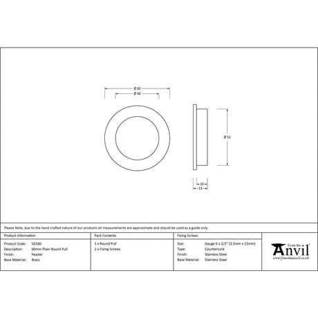 From The Anvil Door Furniture Pewter Patina / Flush Handle / Round From The Anvil - Pewter 60mm Plain Round Pull