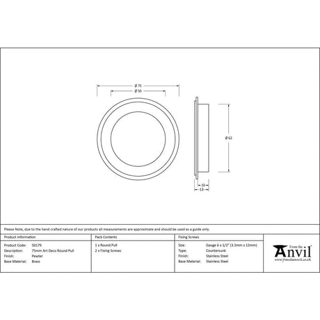 From The Anvil Door Furniture Pewter Patina / Flush Handle / Round From The Anvil - Pewter 75mm Art Deco Round Pull
