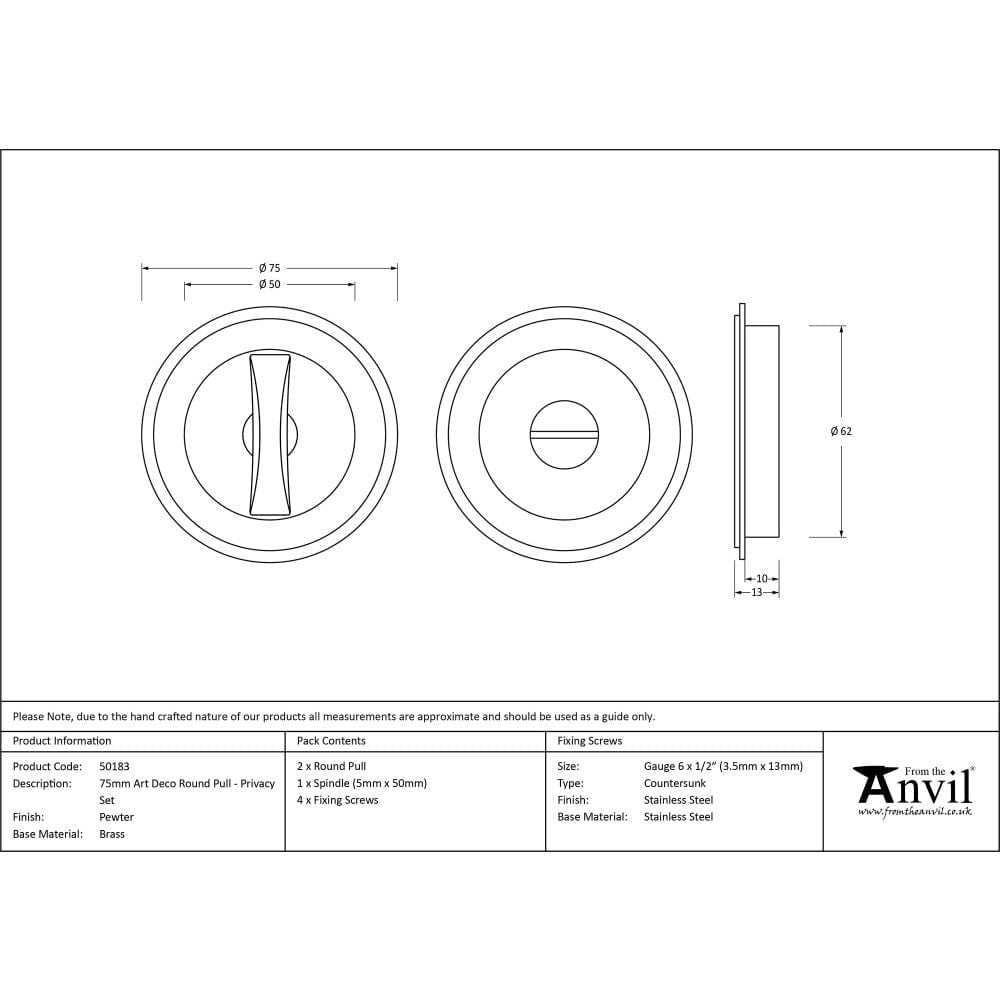 From The Anvil Door Furniture Pewter Patina / Round Flush Pull (Privacy) / Round From The Anvil - Pewter 75mm Art Deco Round Pull - Privacy Set