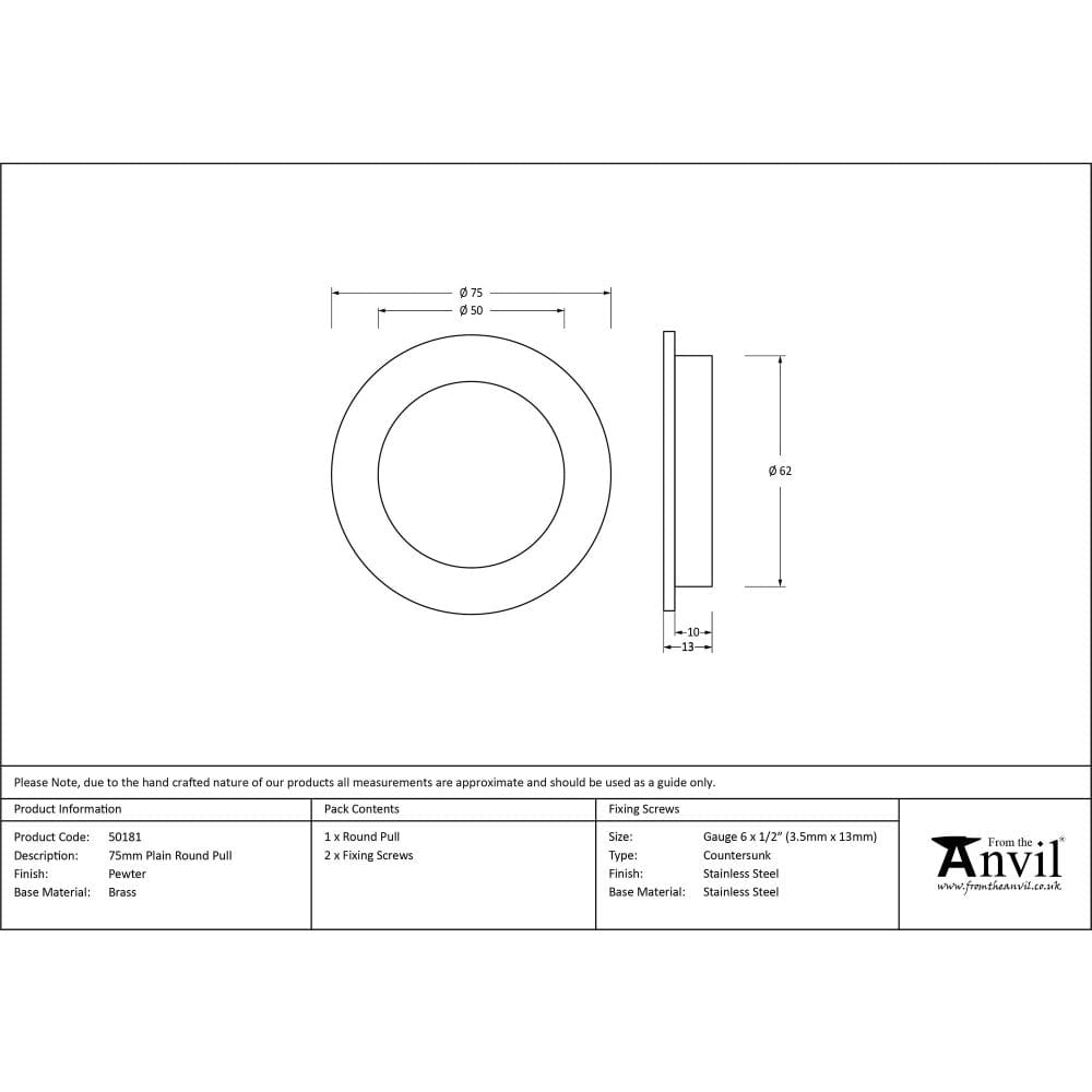 From The Anvil Door Furniture Pewter Patina / Flush Handle / Round From The Anvil - Pewter 75mm Plain Round Pull