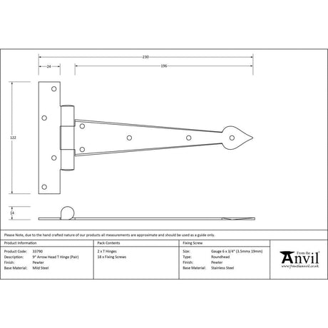 From The Anvil Hinges Pewter Patina / Tee Hinges / 9" (229mm) From The Anvil - Pewter 9" Arrow Head T Hinge (pair)