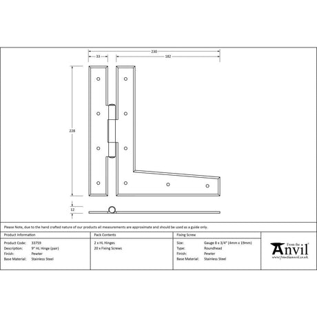 From The Anvil Hinges Pewter Patina / H & HL Hinges / 9" (229mm) From The Anvil - Pewter 9" HL Hinge (pair)