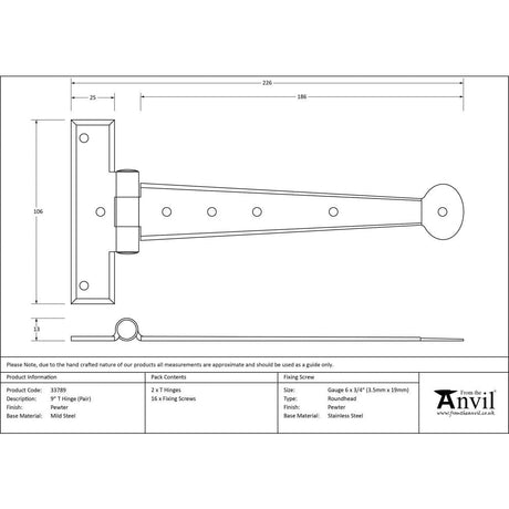 From The Anvil Hinges Pewter Patina / Tee Hinges / 9" (229mm) From The Anvil - Pewter 9" Penny End T Hinge (pair)