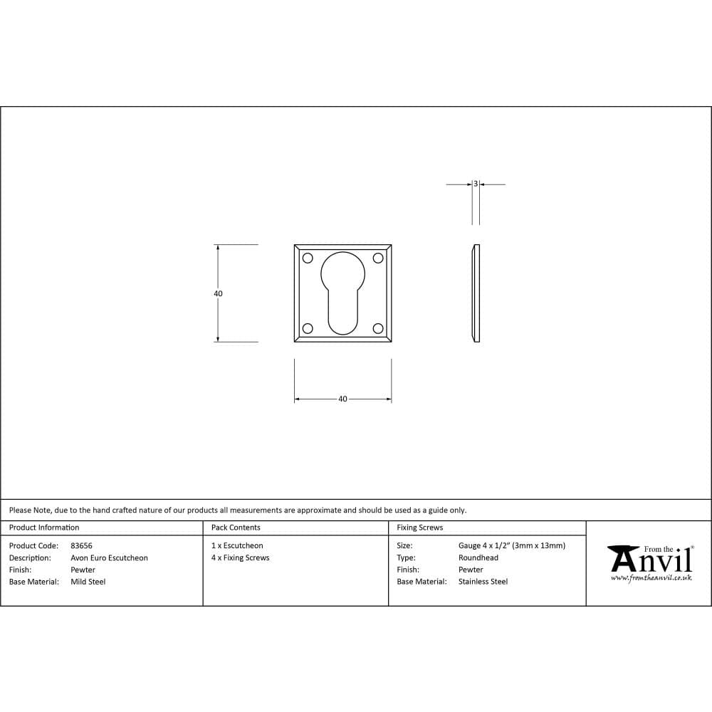 From The Anvil Door Furniture Pewter Patina / Euro Profile Escutcheons From The Anvil - Pewter Avon Euro Escutcheon