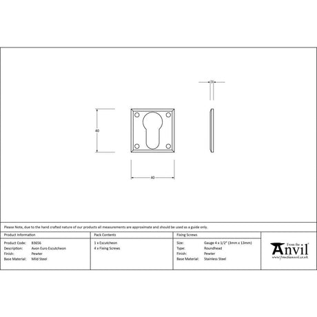 From The Anvil Door Furniture Pewter Patina / Euro Profile Escutcheons From The Anvil - Pewter Avon Euro Escutcheon