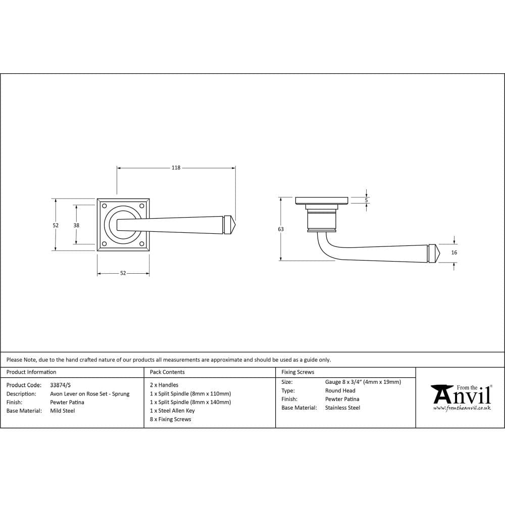 From The Anvil Door Furniture Pewter Patina / Round Rose From The Anvil - Pewter Avon Lever on Rose Set Sprung