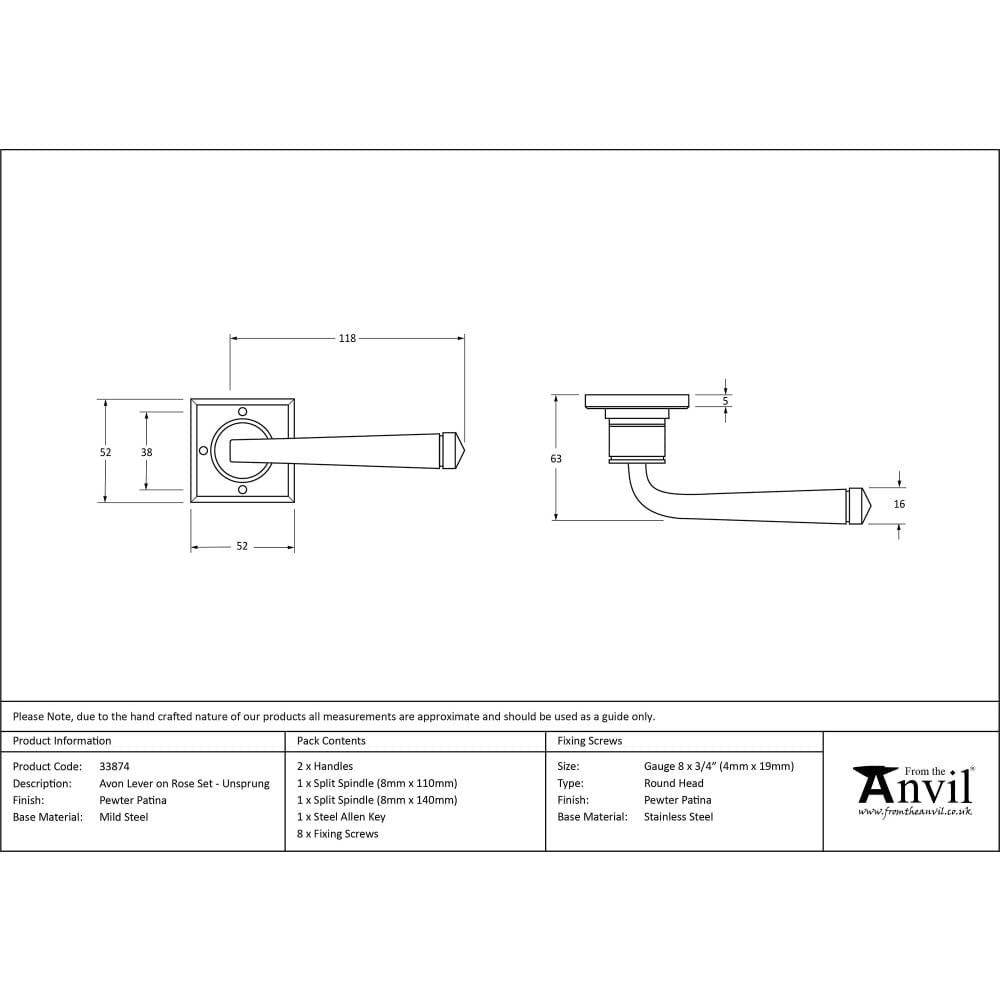 From The Anvil Door Furniture Pewter Patina / Round Rose From The Anvil - Pewter Avon Lever on Rose Set Unsprung