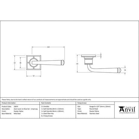 From The Anvil Door Furniture Pewter Patina / Round Rose From The Anvil - Pewter Avon Lever on Rose Set Unsprung