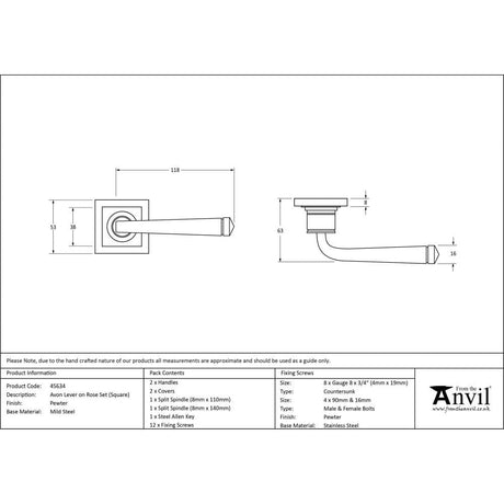 From The Anvil Door Furniture Pewter Patina / Square Rose From The Anvil - Pewter Avon Round Lever on Rose Set (Square)