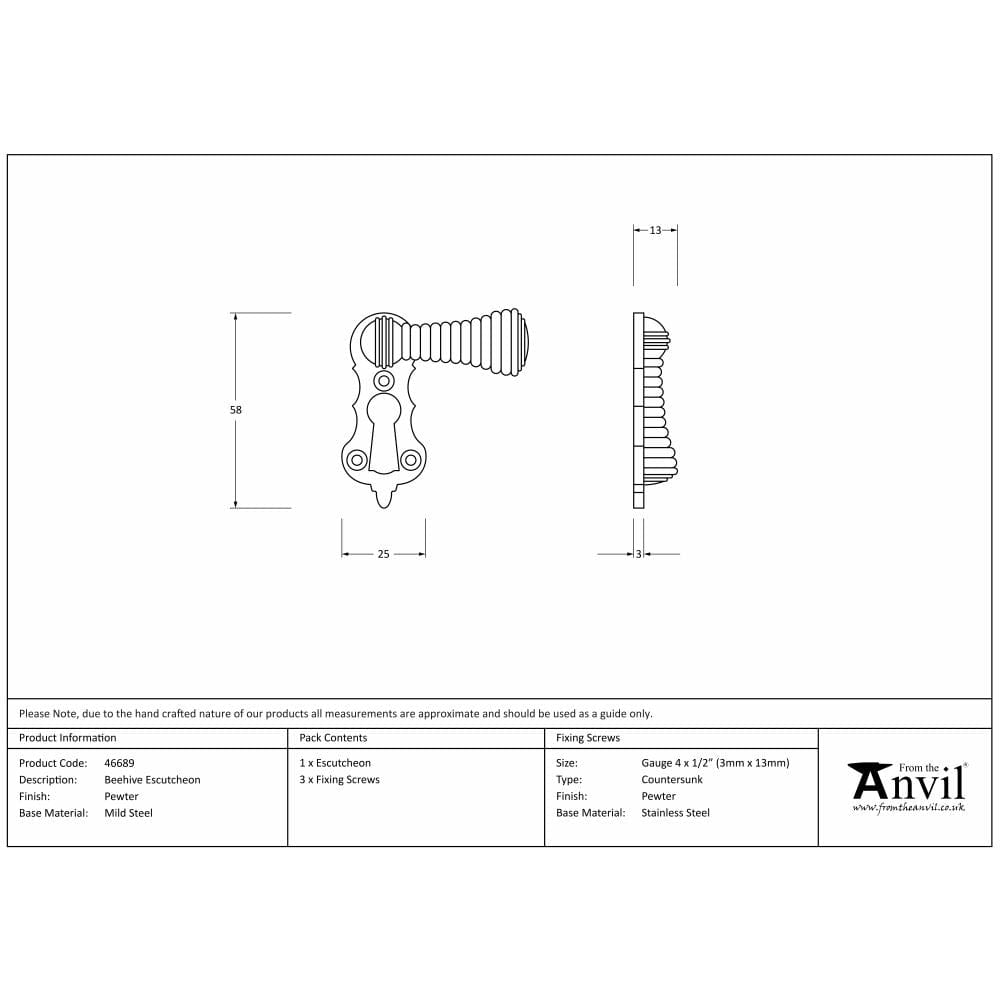 From The Anvil Door Furniture Pewter Patina / Mortice Key Profile Escutcheons From The Anvil - Pewter Beehive Escutcheon