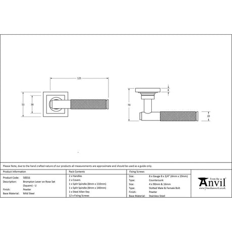 From The Anvil Door Furniture Pewter Patina / Square Rose From The Anvil - Pewter Brompton Lever on Rose Set (Square) - Unsprung