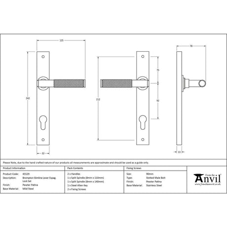 From The Anvil Door Furniture Pewter Patina / Multi Point Lock Set / 92mm c/c From The Anvil - Pewter Brompton Slimline Lever Espag. Lock Set