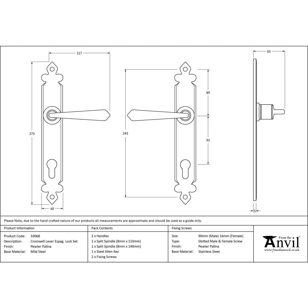 From The Anvil Door Furniture Pewter Patina / Multi Point Lock Set / 92mm c/c From The Anvil - Pewter Cromwell Lever Espag. Lock Set