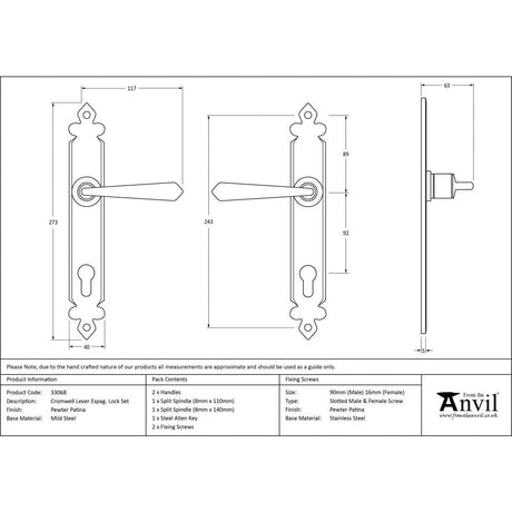 From The Anvil Door Furniture Pewter Patina / Multi Point Lock Set / 92mm c/c From The Anvil - Pewter Cromwell Lever Espag. Lock Set