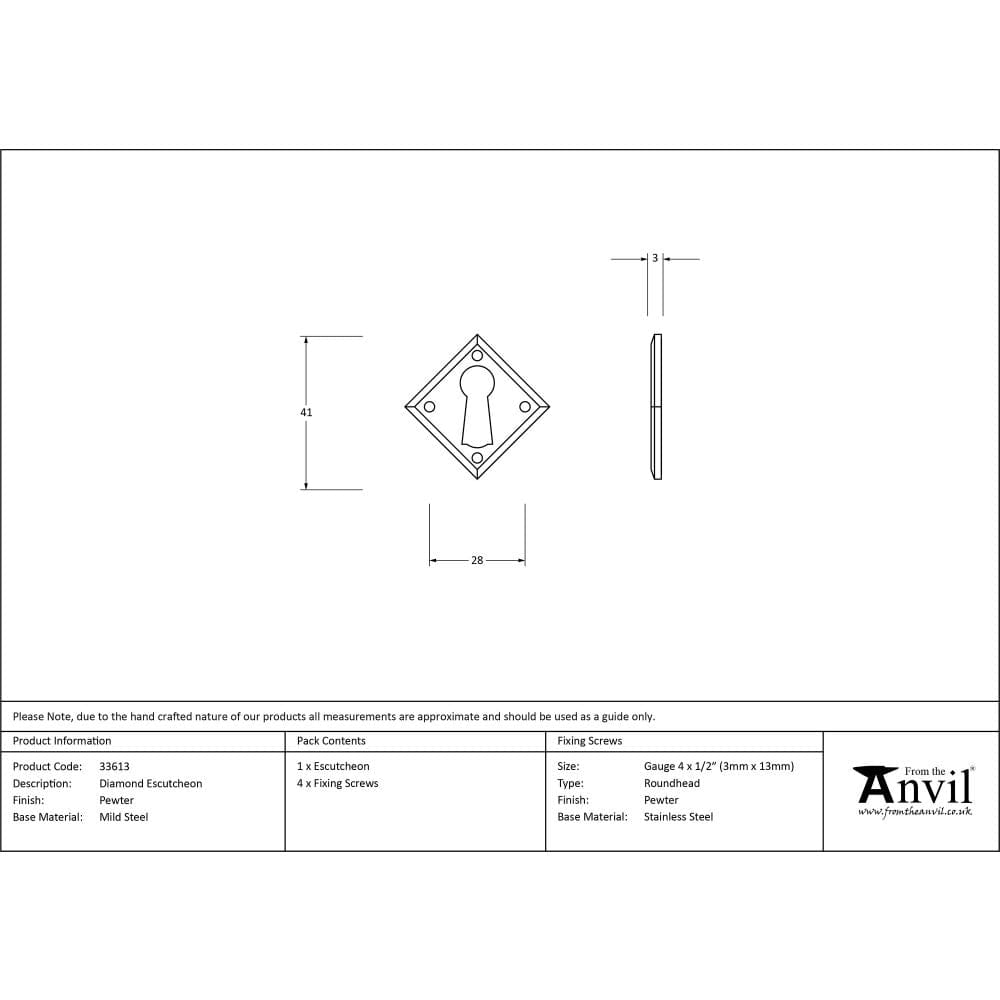 From The Anvil Door Furniture Pewter Patina / Mortice Key Profile Escutcheons From The Anvil - Pewter Diamond Escutcheon