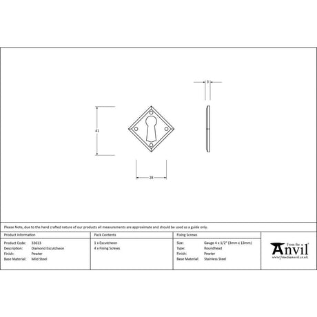 From The Anvil Door Furniture Pewter Patina / Mortice Key Profile Escutcheons From The Anvil - Pewter Diamond Escutcheon