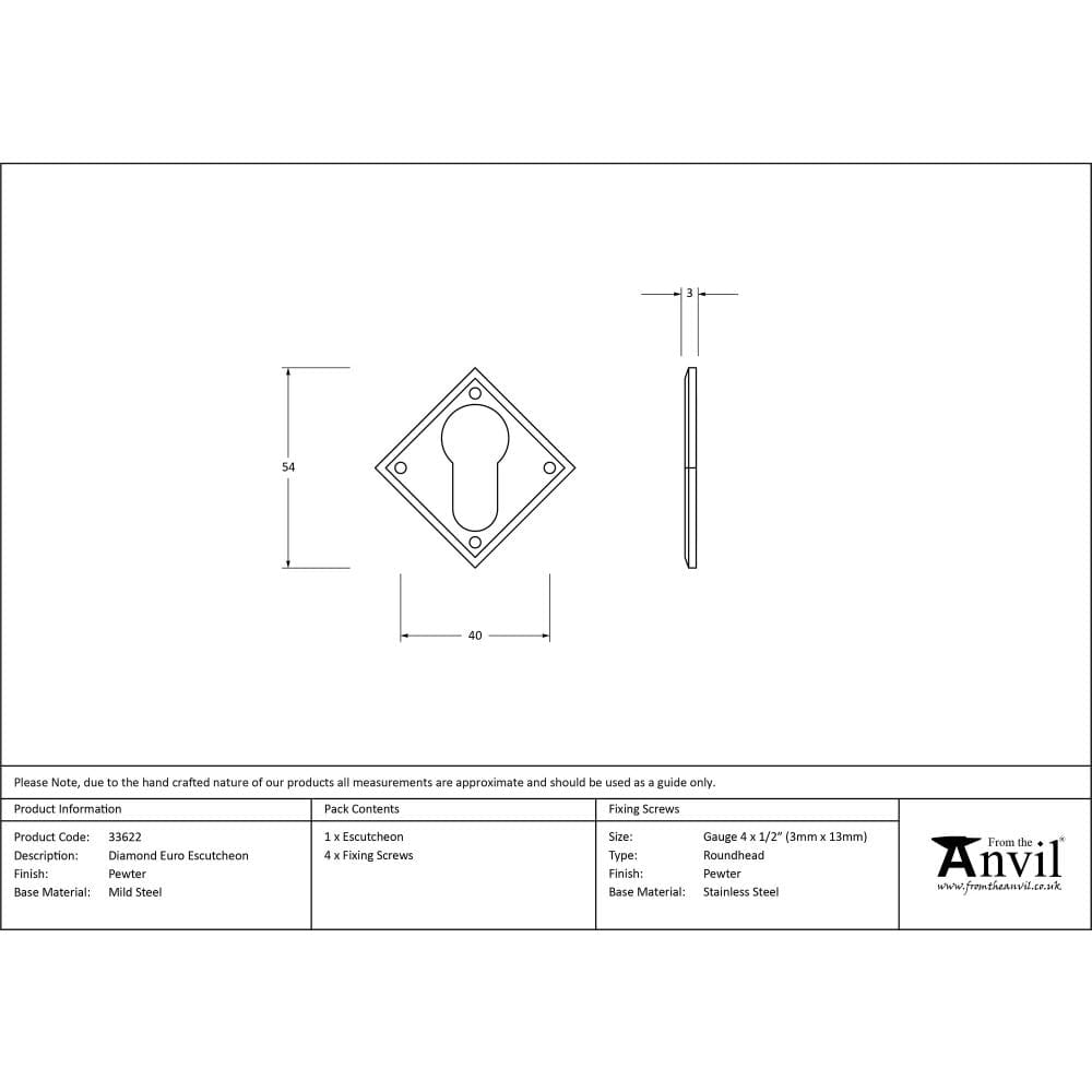 From The Anvil Door Furniture Pewter Patina / Euro Profile Escutcheons From The Anvil - Pewter Diamond Euro Escutcheon