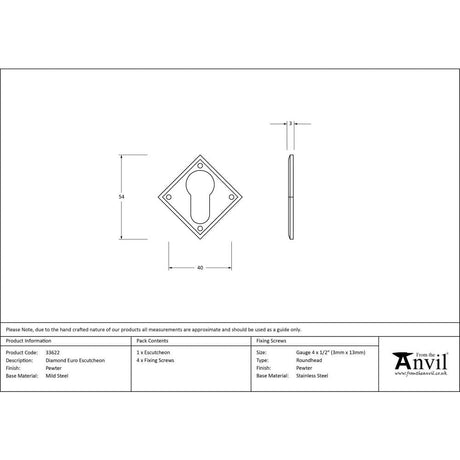 From The Anvil Door Furniture Pewter Patina / Euro Profile Escutcheons From The Anvil - Pewter Diamond Euro Escutcheon