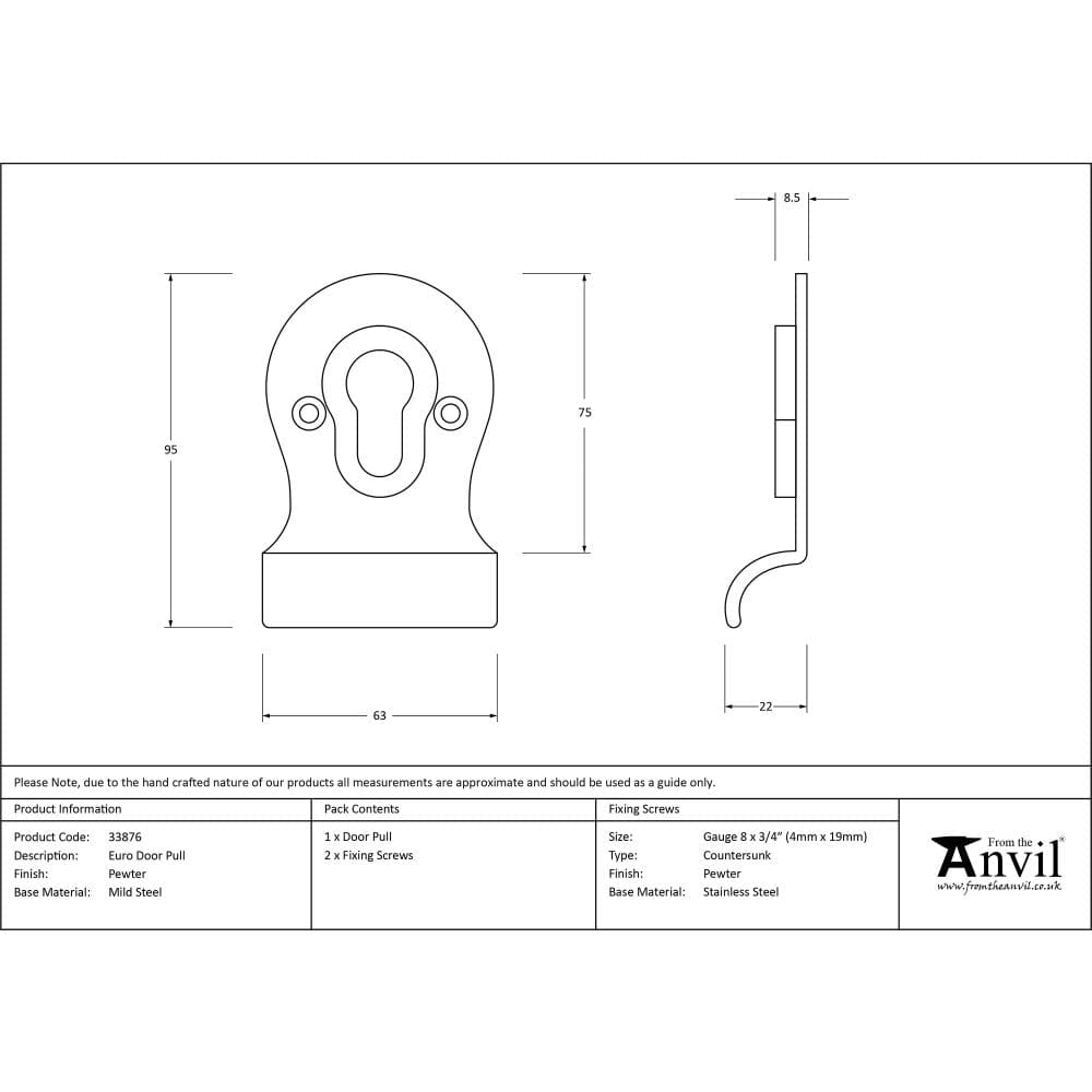 From The Anvil Door Furniture Pewter Patina / Euro Profile Cylinder Pull From The Anvil - Pewter Euro Door Pull
