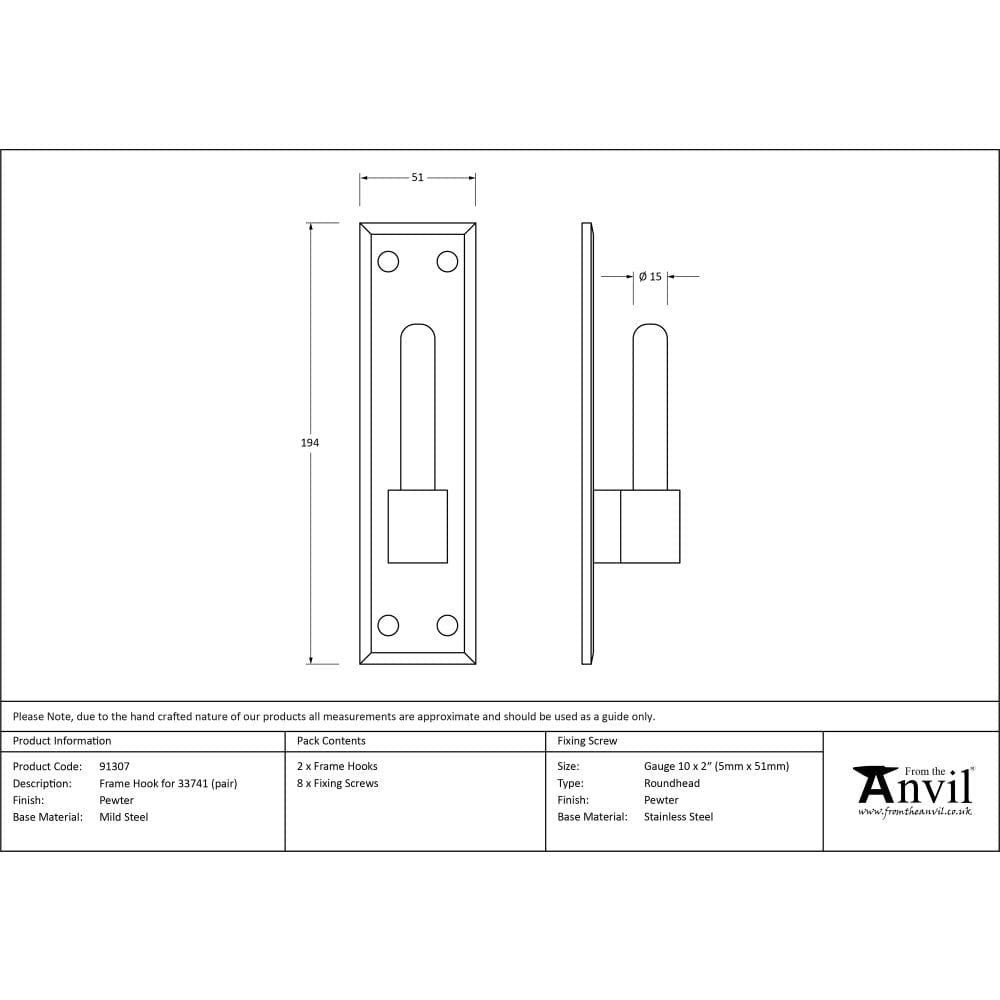 From The Anvil Hinges Pewter Patina / Hinge Accessories From The Anvil - Pewter Frame Hook for 33741 (pair)