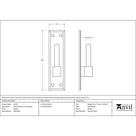 From The Anvil Hinges Pewter Patina / Hinge Accessories From The Anvil - Pewter Frame Hook for 33741 (pair)