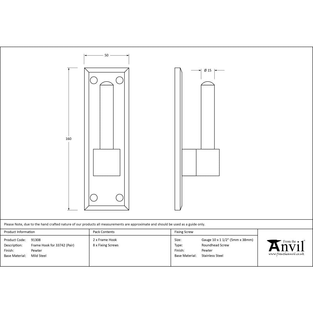 From The Anvil Hinges Pewter Patina / Hinge Accessories From The Anvil - Pewter Frame Hook For 33742 (pair)