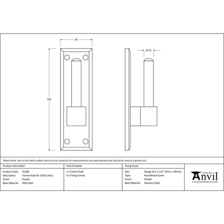 From The Anvil Hinges Pewter Patina / Hinge Accessories From The Anvil - Pewter Frame Hook For 33742 (pair)