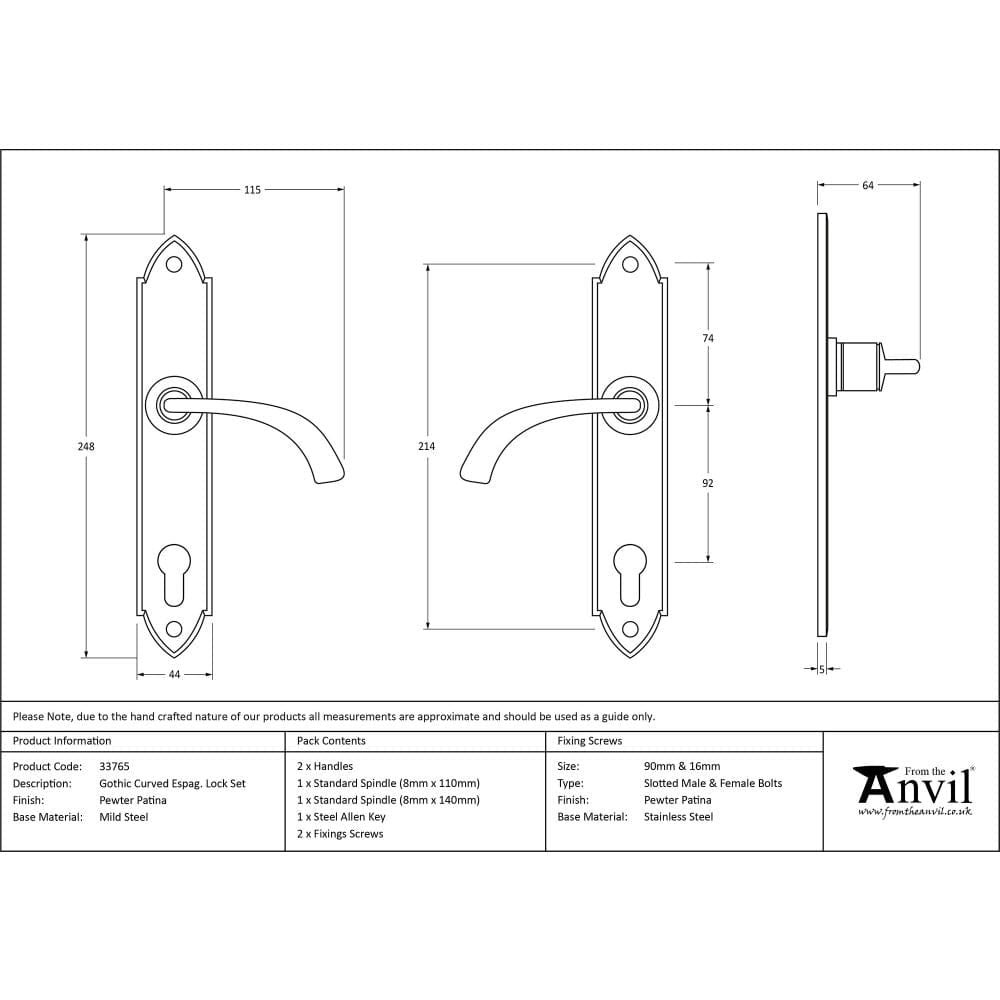 From The Anvil Door Furniture Pewter Patina / Multi Point Lock Set / 92mm c/c From The Anvil - Pewter Gothic Curved Lever Espag. Lock Set