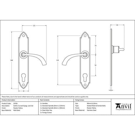 From The Anvil Door Furniture Pewter Patina / Multi Point Lock Set / 92mm c/c From The Anvil - Pewter Gothic Curved Lever Espag. Lock Set