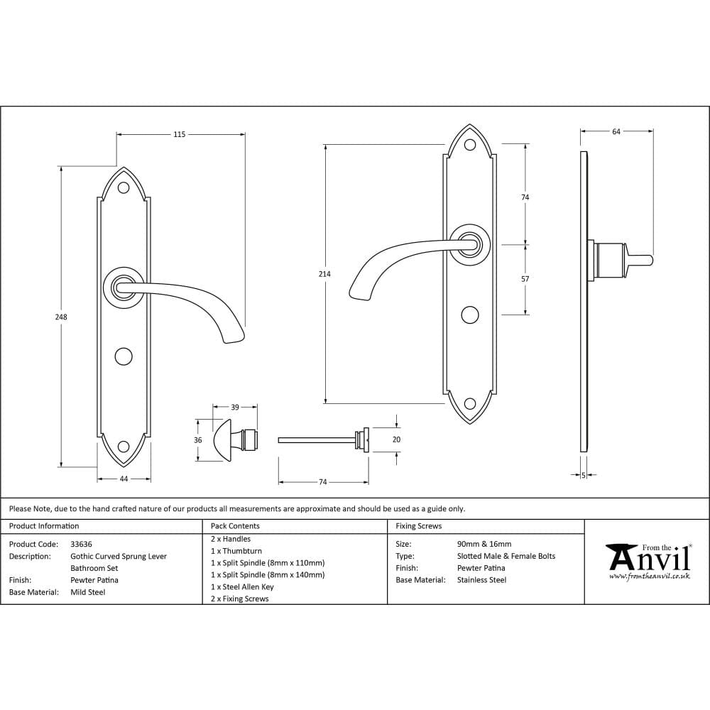 From The Anvil Door Furniture Pewter Patina / Bathroom Lock Handles From The Anvil - Pewter Gothic Curved Sprung Lever Bathroom Set