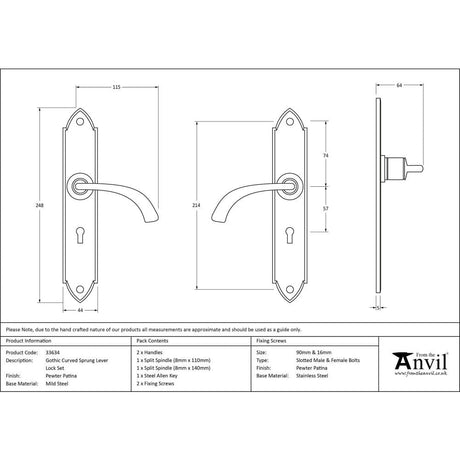 From The Anvil Door Furniture Pewter Patina / Std. Lock Handles From The Anvil - Pewter Gothic Curved Sprung Lever Lock Set