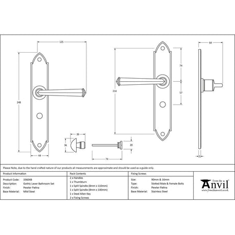 From The Anvil Door Furniture Pewter Patina / Bathroom Lock Handles From The Anvil - Pewter Gothic Lever Bathroom Set