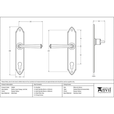 From The Anvil Door Furniture Pewter Patina / Multi Point Lock Set / 92mm c/c From The Anvil - Pewter Gothic Lever Espag. Lock Set
