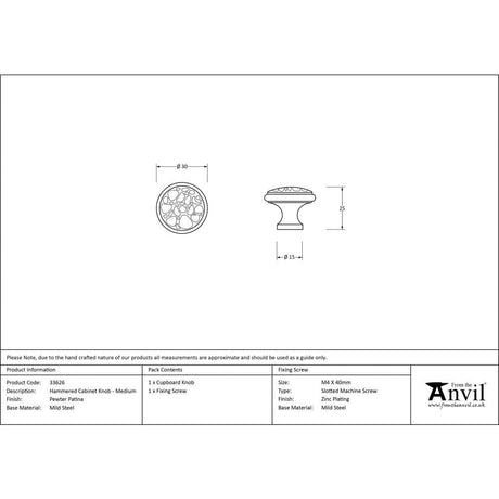 From The Anvil Cabinet Hardware Pewter Patina / Cabinet Knobs / Medium From The Anvil - Pewter Hammered Cabinet Knob - Medium