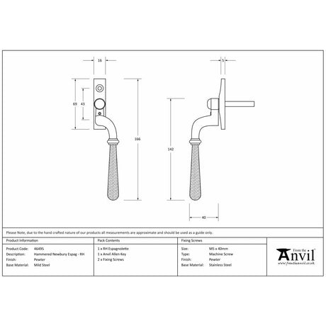 From The Anvil Window Furniture Pewter Patina / Right Hand / Yes From The Anvil - Pewter Hammered Newbury Espag - RH
