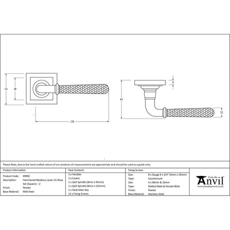 From The Anvil Door Furniture Pewter Patina / Square Rose From The Anvil - Pewter Hammered Newbury Lever on Rose Set (Square) - Unsprung