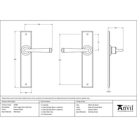 From The Anvil Door Furniture Pewter Patina / Latch Handles From The Anvil - Pewter Large Avon Lever Latch Set