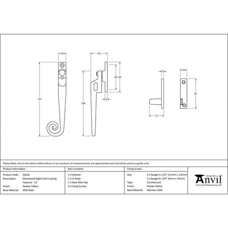 From The Anvil Window Furniture Pewter Patina / Yes / Night Vent From The Anvil - Pewter Locking Night-Vent Monkeytail Fastener - LH