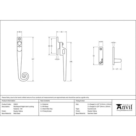 From The Anvil Window Furniture Pewter Patina / Yes / Night Vent From The Anvil - Pewter Locking Night-Vent Monkeytail Fastener - RH