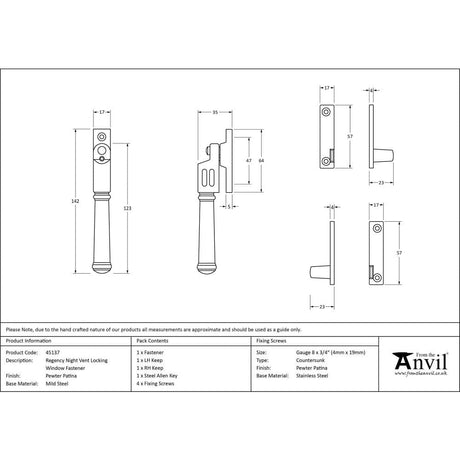 From The Anvil Window Furniture Pewter Patina / Yes / Night Vent From The Anvil - Pewter Locking Night-Vent Regency Fastener