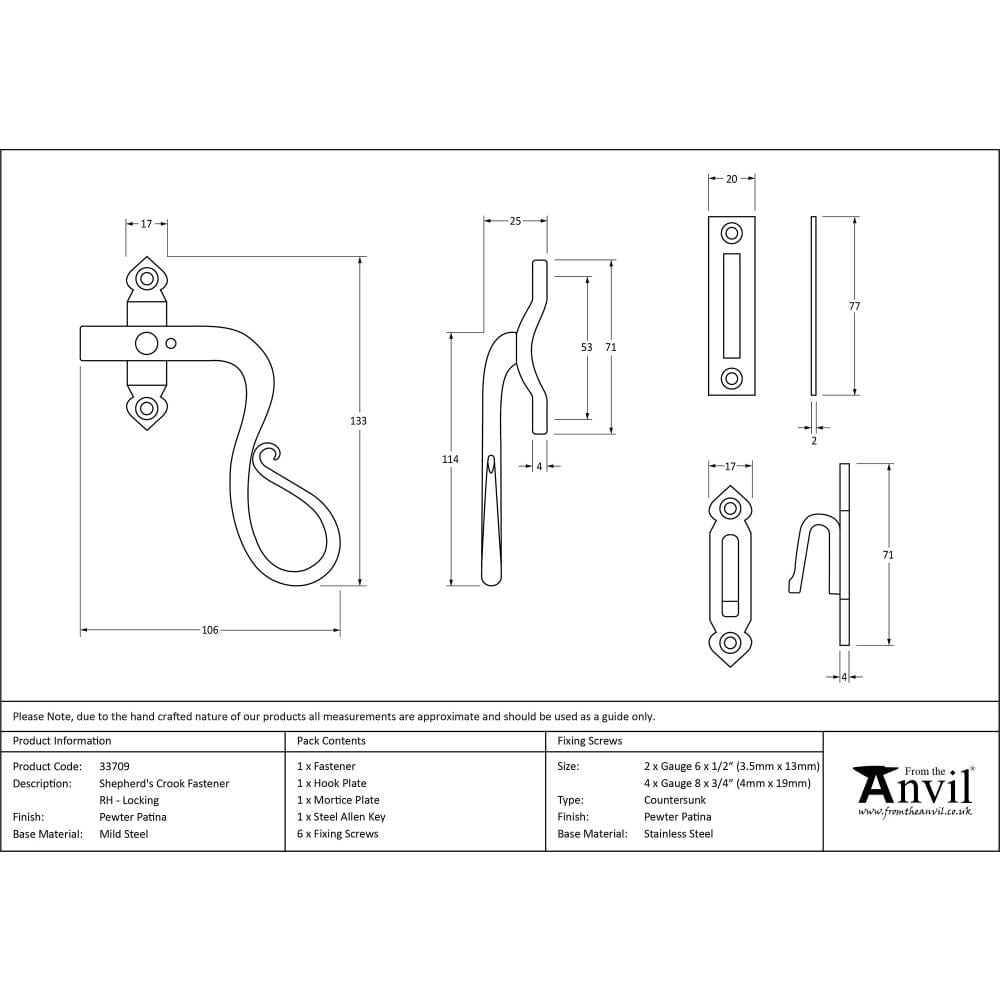 From The Anvil Window Furniture Pewter Patina / Yes / Mortice & Hook Place From The Anvil - Pewter Locking Shepherd's Crook Fastener - RH