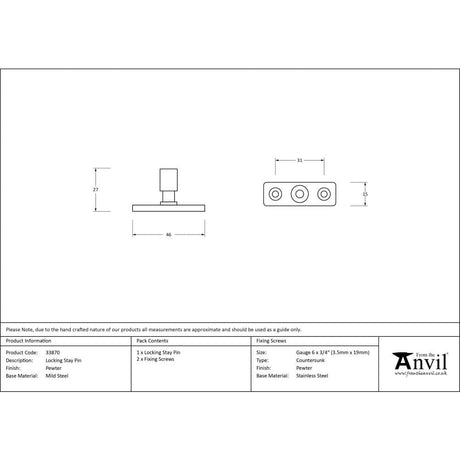 From The Anvil Window Furniture Pewter Patina / Casement Stay Locking Pin From The Anvil - Pewter Locking Stay Pin
